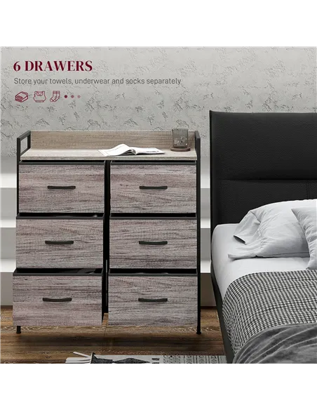 HOMCOM Rustic Chest of Six Fabric Drawers - Grey Wood Effect