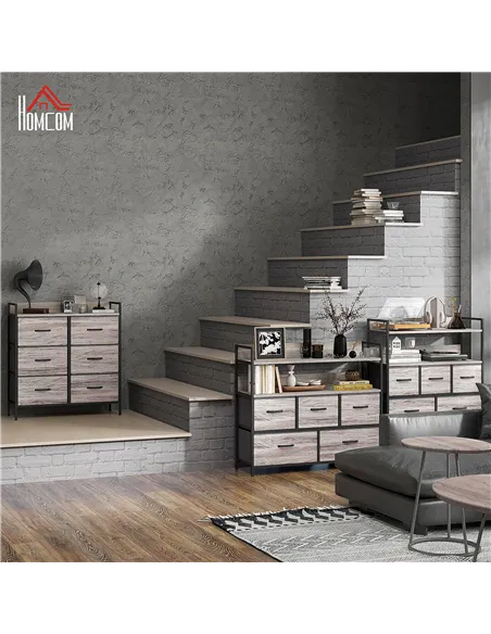 HOMCOM Rustic Chest of Six Fabric Drawers - Grey Wood Effect
