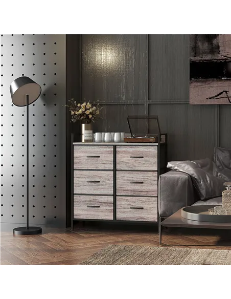 HOMCOM Rustic Chest of Six Fabric Drawers - Grey Wood Effect