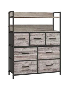 HOMCOM Rustic Chest of Seven Fabric Drawers - Grey Wood Effect