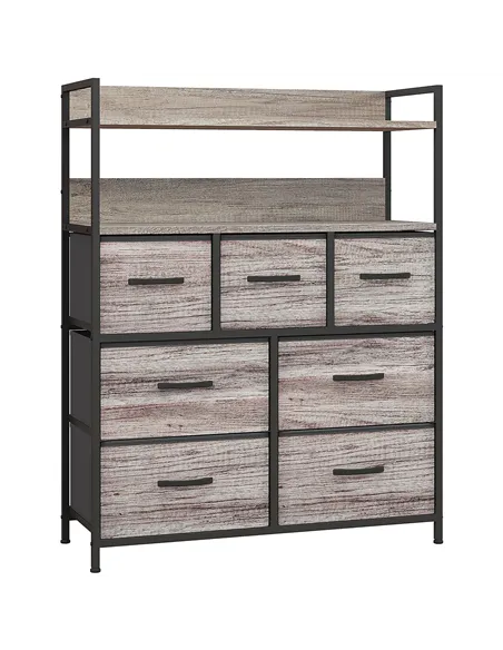 HOMCOM Rustic Chest of Seven Fabric Drawers - Grey Wood Effect
