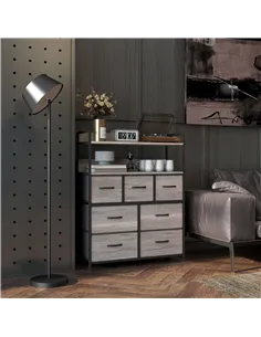 HOMCOM Rustic Chest of Seven Fabric Drawers - Grey Wood Effect 2