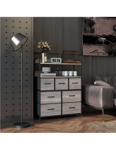 HOMCOM Rustic Chest of Seven Fabric Drawers - Grey Wood Effect