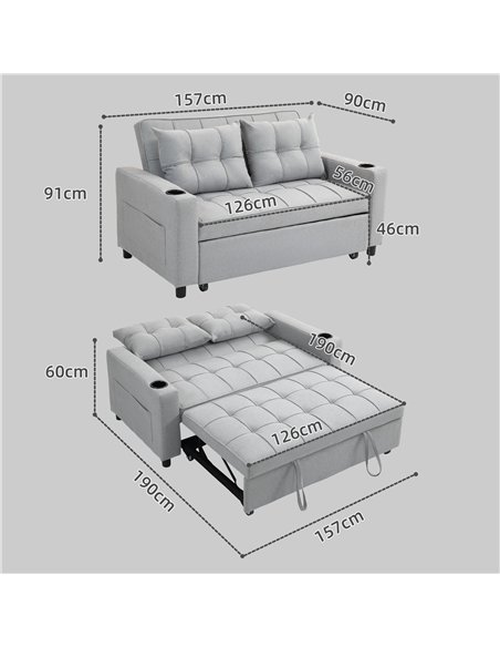 HOMCOM Two-Seater Pull-Out Sofa Bed - Light Grey