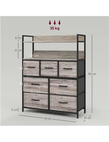 HOMCOM Rustic Chest of Seven Fabric Drawers - Grey Wood Effect