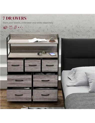 HOMCOM Rustic Chest of Seven Fabric Drawers - Grey Wood Effect