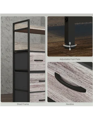 HOMCOM Rustic Chest of Seven Fabric Drawers - Grey Wood Effect