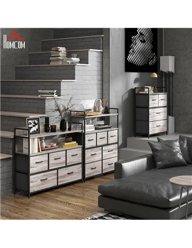 HOMCOM Rustic Chest of Seven Fabric Drawers - Grey Wood Effect