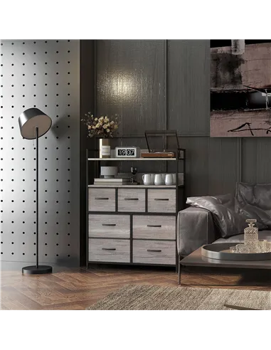 HOMCOM Rustic Chest of Seven Fabric Drawers - Grey Wood Effect