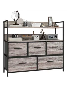 HOMCOM Rustic Chest of Five Fabric Drawers - Grey Wood Effect