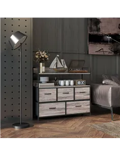 HOMCOM Rustic Chest of Five Fabric Drawers - Grey Wood Effect 2