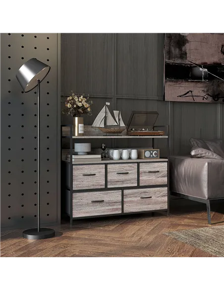 HOMCOM Rustic Chest of Five Fabric Drawers - Grey Wood Effect