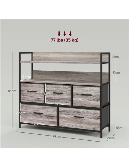 HOMCOM Rustic Chest of Five Fabric Drawers - Grey Wood Effect