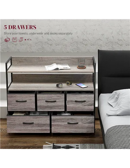 HOMCOM Rustic Chest of Five Fabric Drawers - Grey Wood Effect
