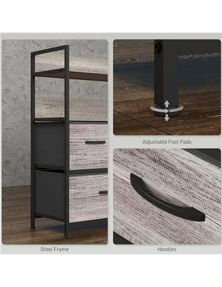 HOMCOM Rustic Chest of Five Fabric Drawers - Grey Wood Effect