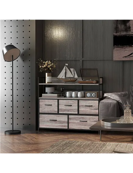 HOMCOM Rustic Chest of Five Fabric Drawers - Grey Wood Effect
