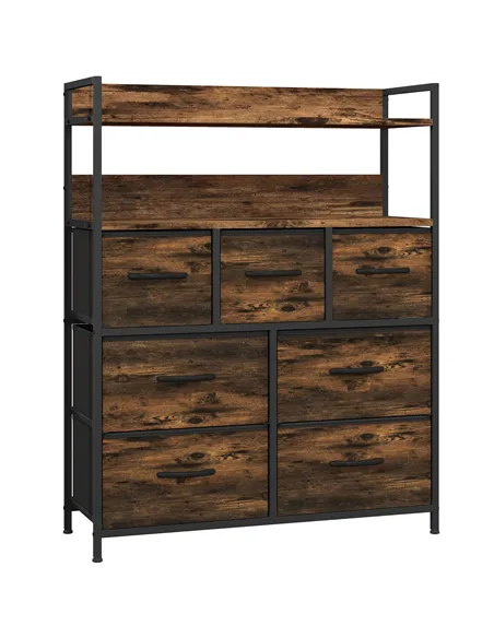 HOMCOM Rustic Chest of Seven Fabric Drawers - Rustic Brown