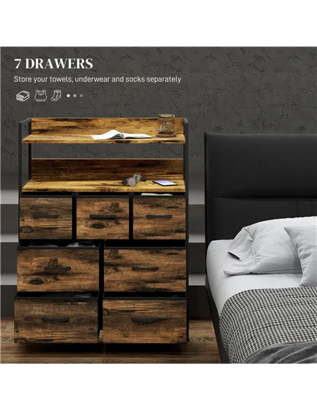 HOMCOM Rustic Chest of Seven Fabric Drawers - Rustic Brown