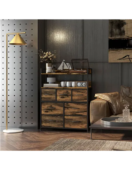 HOMCOM Rustic Chest of Seven Fabric Drawers - Rustic Brown