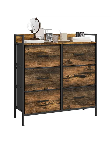 HOMCOM Rustic Chest of Six Fabric Drawers - Rustic Brown