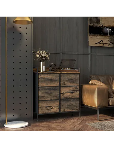 HOMCOM Rustic Chest of Six Fabric Drawers - Rustic Brown