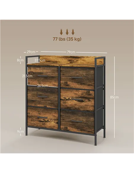 HOMCOM Rustic Chest of Six Fabric Drawers - Rustic Brown