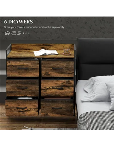 HOMCOM Rustic Chest of Six Fabric Drawers - Rustic Brown