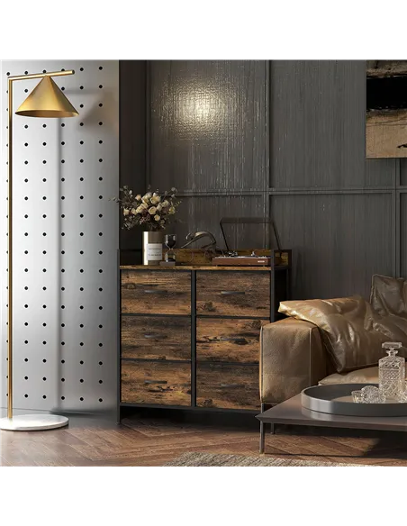HOMCOM Rustic Chest of Six Fabric Drawers - Rustic Brown
