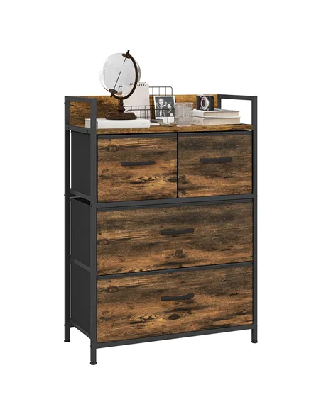 HOMCOM Rustic Chest of Four Fabric Drawers - Rustic Brown