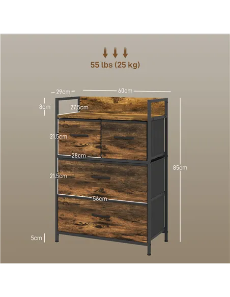 HOMCOM Rustic Chest of Four Fabric Drawers - Rustic Brown