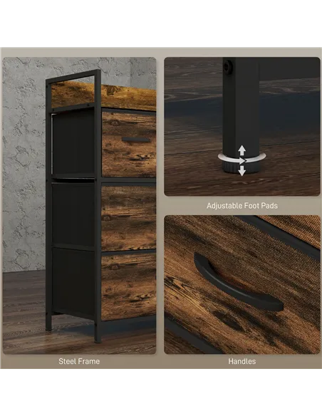HOMCOM Rustic Chest of Four Fabric Drawers - Rustic Brown