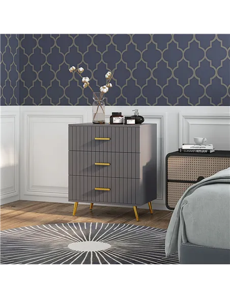 HOMCOM Three Drawer Embossed Line Dresser - Grey/Gold Tone