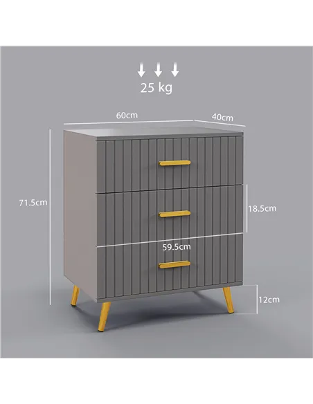 HOMCOM Three Drawer Embossed Line Dresser - Grey/Gold Tone