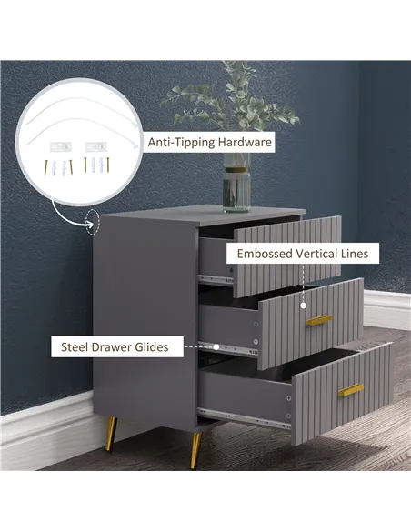HOMCOM Three Drawer Embossed Line Dresser - Grey/Gold Tone