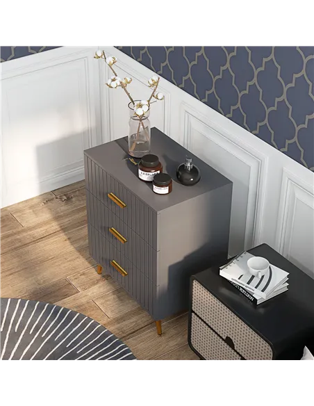 HOMCOM Three Drawer Embossed Line Dresser - Grey/Gold Tone
