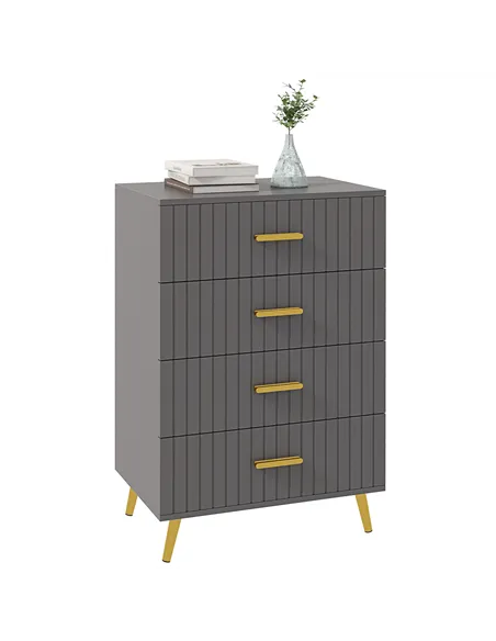 HOMCOM Four Drawer Embossed Line Dresser - Grey/Gold Tone