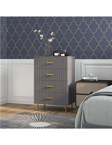 HOMCOM Four Drawer Embossed Line Dresser - Grey/Gold Tone
