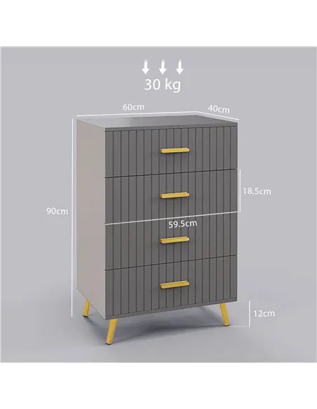 HOMCOM Four Drawer Embossed Line Dresser - Grey/Gold Tone