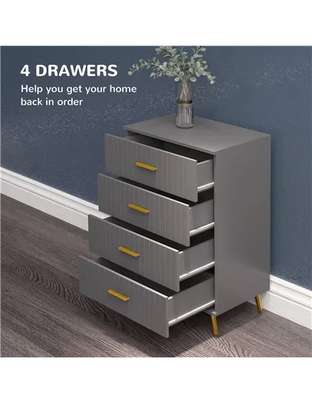 HOMCOM Four Drawer Embossed Line Dresser - Grey/Gold Tone
