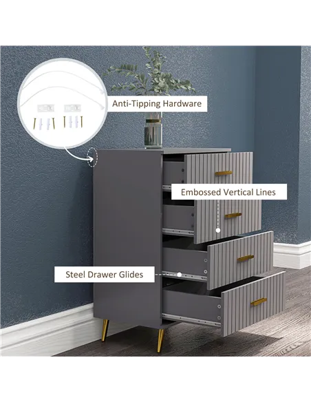 HOMCOM Four Drawer Embossed Line Dresser - Grey/Gold Tone