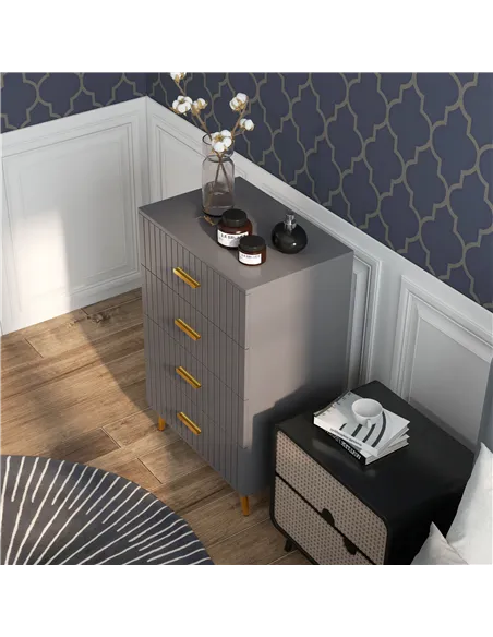 HOMCOM Four Drawer Embossed Line Dresser - Grey/Gold Tone