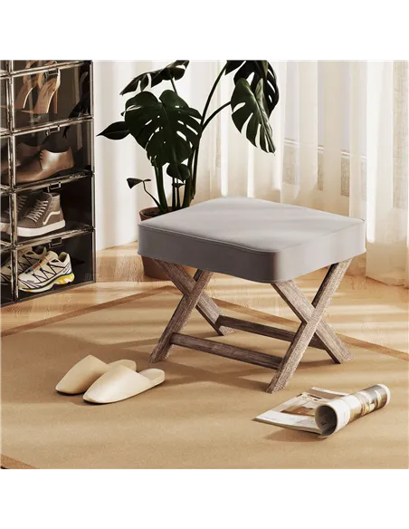 HOMCOM Vintage Footstool Padded Seat X Leg Chair Velvet Cover Shabby Chic Footrest Solid Rubber Wood Frame 49.5 x 45 x 41 cm Gre