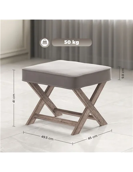 HOMCOM Vintage Footstool Padded Seat X Leg Chair Velvet Cover Shabby Chic Footrest Solid Rubber Wood Frame 49.5 x 45 x 41 cm Gre