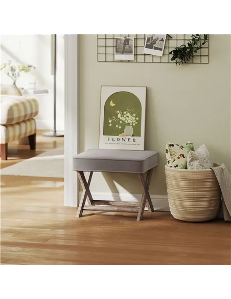 HOMCOM Vintage Footstool Padded Seat X Leg Chair Velvet Cover Shabby Chic Footrest Solid Rubber Wood Frame 49.5 x 45 x 41 cm Gre