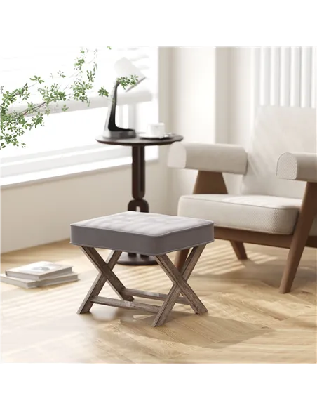HOMCOM Vintage Footstool Padded Seat X Leg Chair Velvet Cover Shabby Chic Footrest Solid Rubber Wood Frame 49.5 x 45 x 41 cm Gre