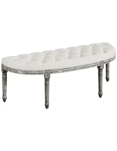HOMCOM Half-Circle End Bench Ottoman Footstool Tufting Padded Seat Brushed Wood Base Antique Accents Home Seat Furniture Cream W
