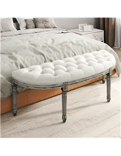 HOMCOM Half-Circle End Bench Ottoman Footstool Tufting Padded Seat Brushed Wood Base Antique Accents Home Seat Furniture Cream W 2