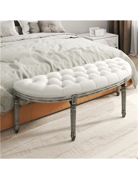 HOMCOM Half-Circle End Bench Ottoman Footstool Tufting Padded Seat Brushed Wood Base Antique Accents Home Seat Furniture Cream W