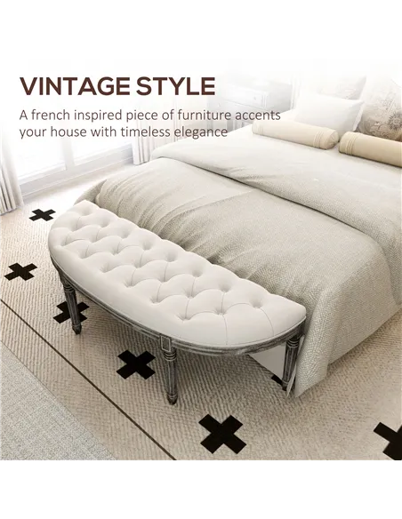 HOMCOM Half-Circle End Bench Ottoman Footstool Tufting Padded Seat Brushed Wood Base Antique Accents Home Seat Furniture Cream W