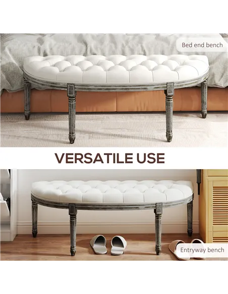 HOMCOM Half-Circle End Bench Ottoman Footstool Tufting Padded Seat Brushed Wood Base Antique Accents Home Seat Furniture Cream W